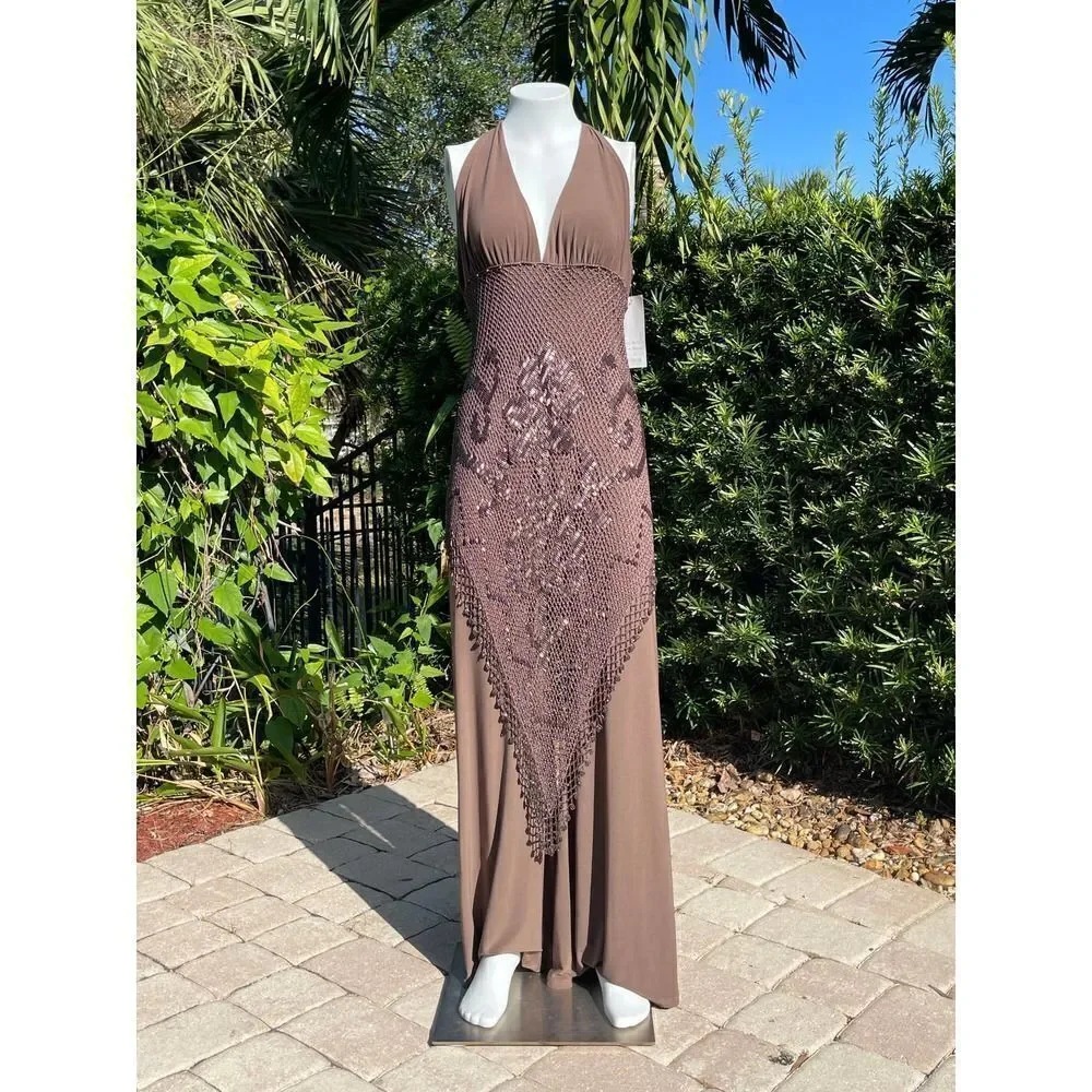Janine Beaded Halter Jumpsuit Bronze Formal Evening Wide Leg Size L NWT